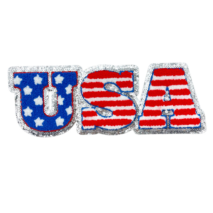 This patriotic "USA" Chenille Patch features silver sequins and glitter around the red, white, and blue chenille letter fabric. Perfect for adding a cheerful touch to any sweatshirt or t-shirt this summer.