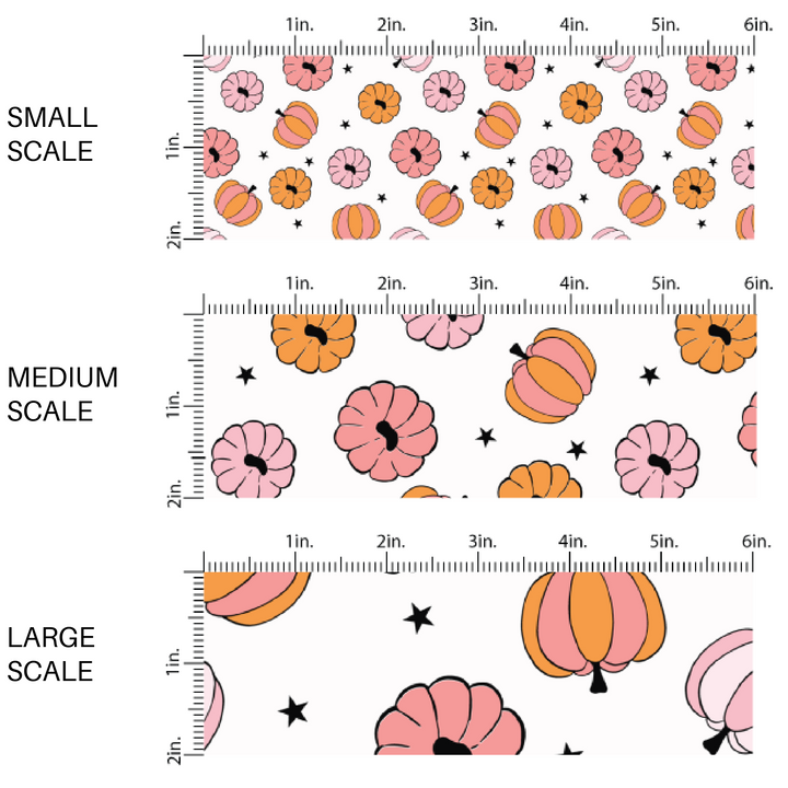 White fabric by the yard scaled image guide with pink and orange colored pumpkins and black stars.