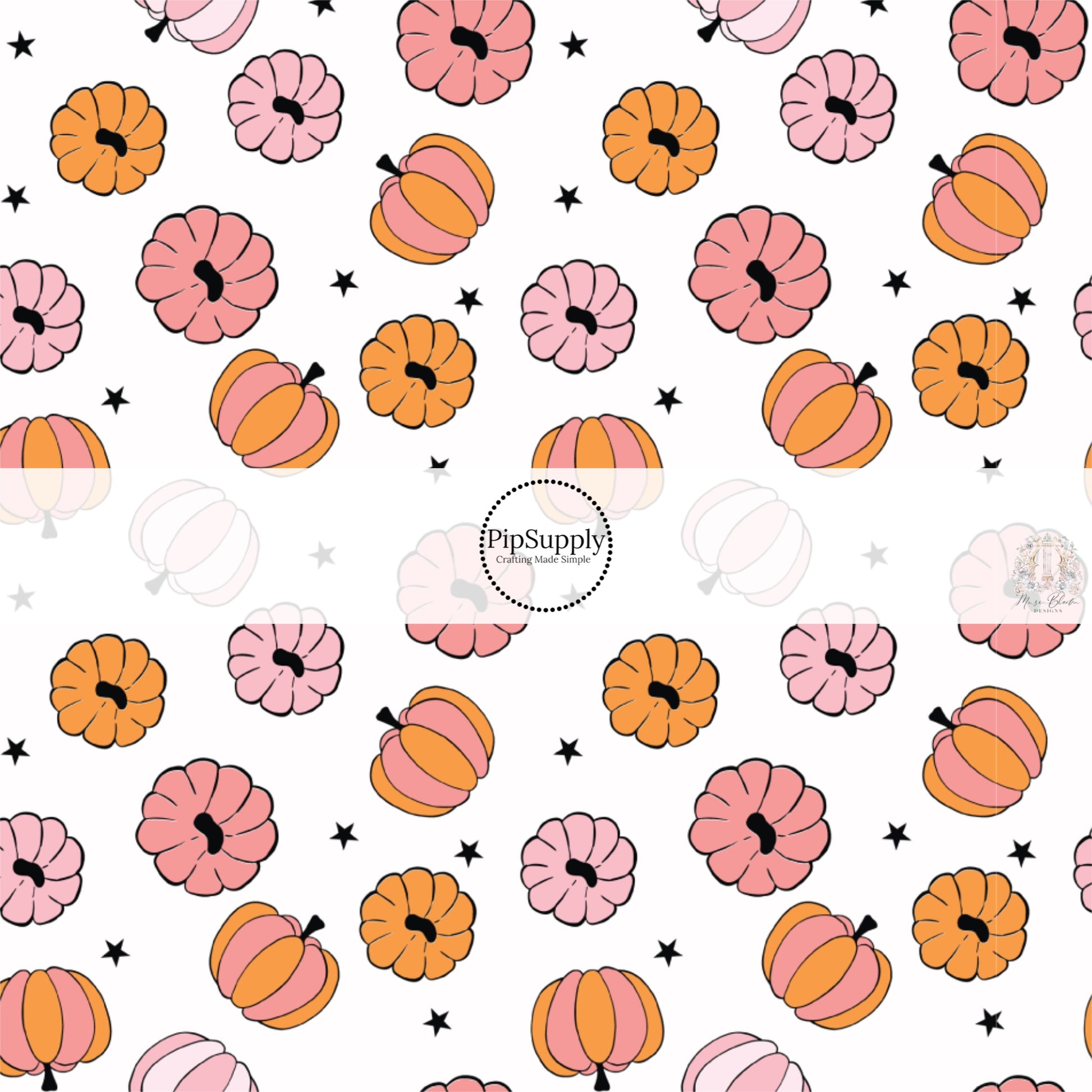 White fabric by the yard with pink and orange colored pumpkins and black stars.
