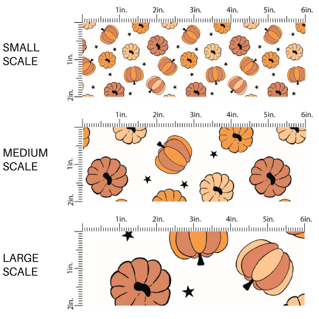 White fabric by the yard  scaled image guide with orange colored pumpkins and black stars.