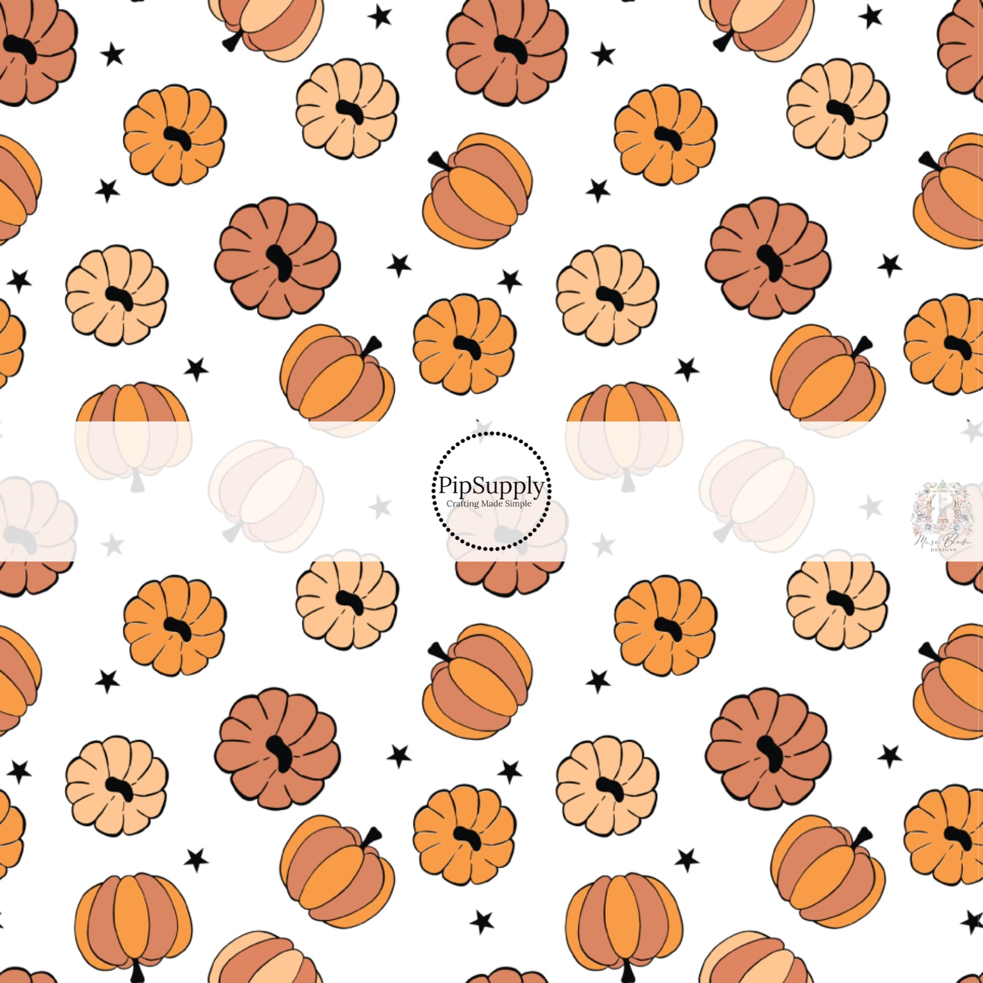 White fabric by the yard with orange colored pumpkins and black stars.