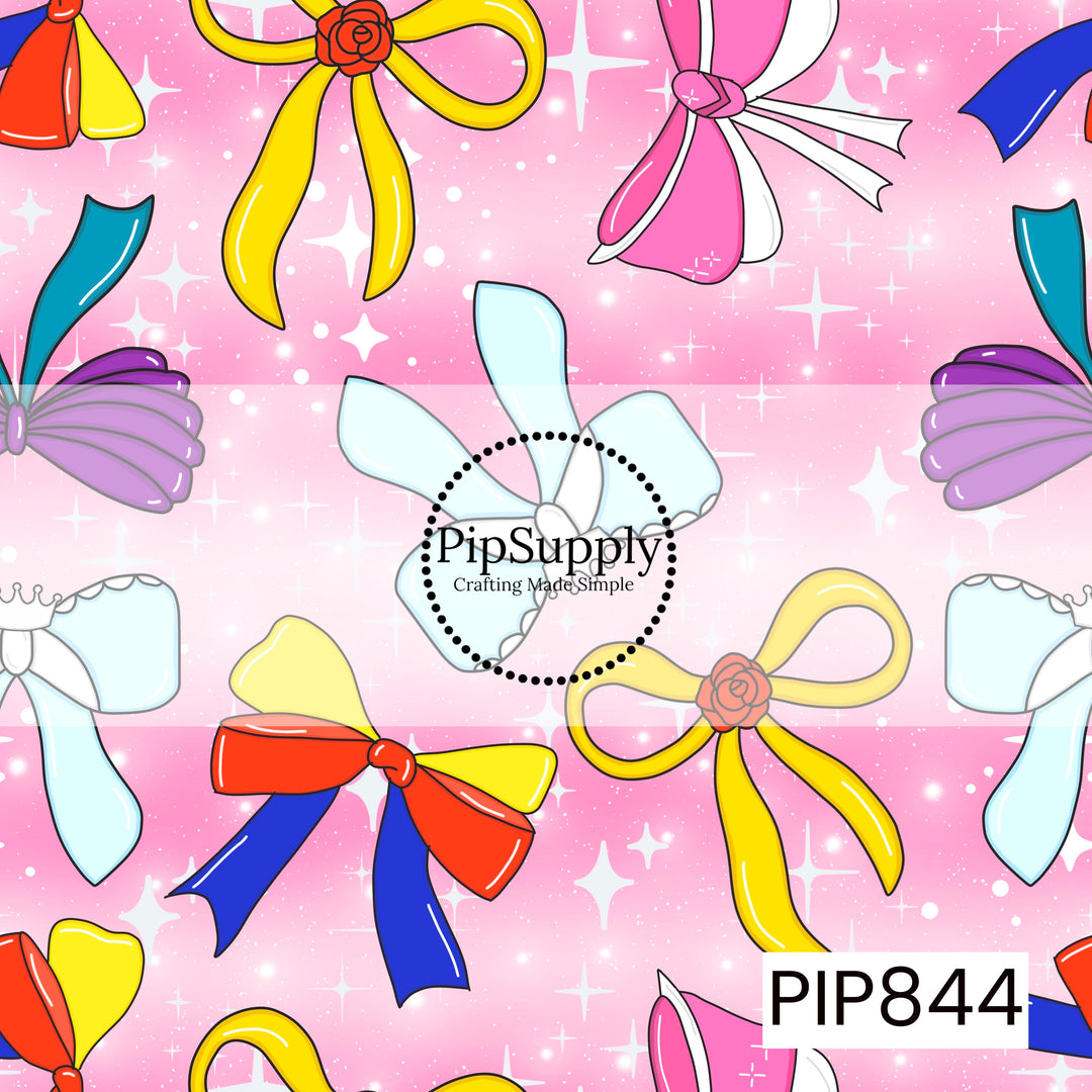 Soft pink ombré background featuring a scattered pattern of colorful decorative bows inspired by fairytale fashion. The design includes ribbon bows in shades of yellow, red, blue, pink, white, lavender, and light blue, accented with floral centers, scalloped details, and elegant ribbon tails. White sparkles and twinkling stars are scattered throughout, adding a magical touch. The bright pastel color palette and whimsical bow motifs create a playful, charming, and enchanting aesthetic.

