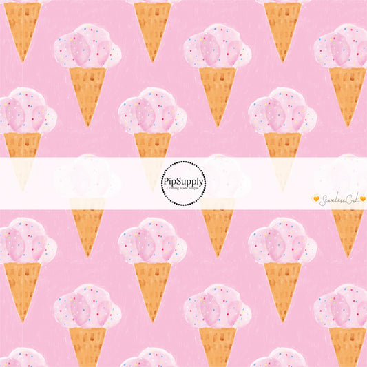 This summer fabric by the yard features strawberry ice cream on pink. This fun themed fabric can be used for all your sewing and crafting needs!