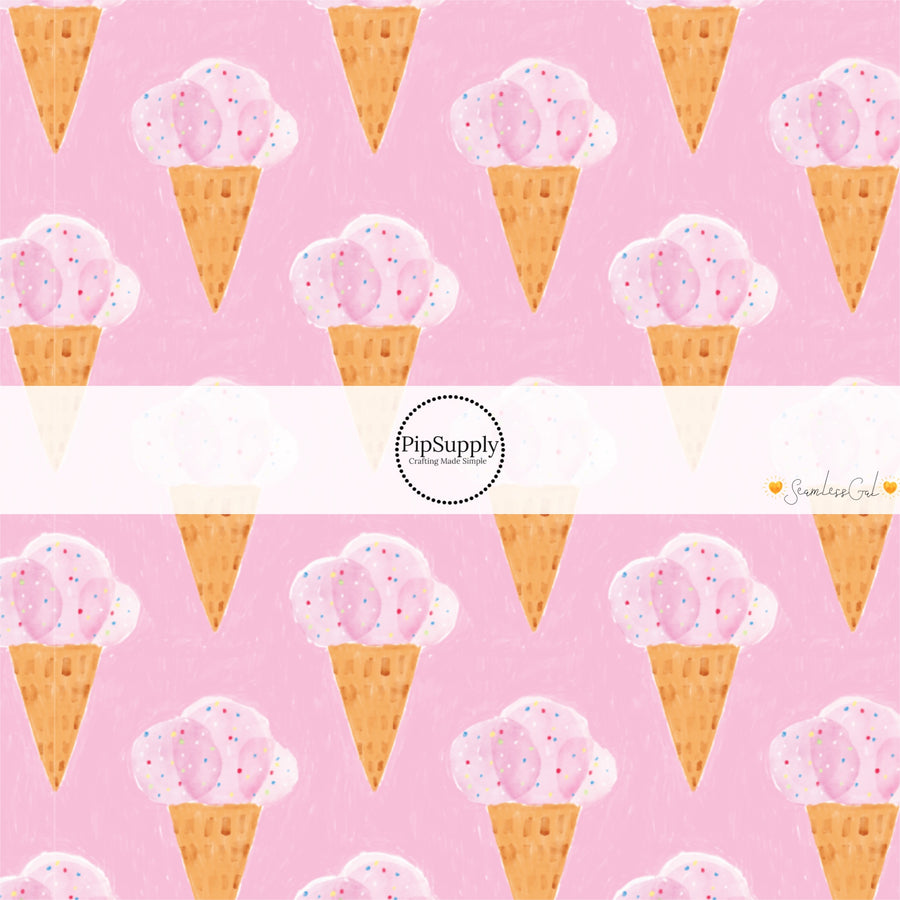 This summer fabric by the yard features strawberry ice cream on pink. This fun themed fabric can be used for all your sewing and crafting needs!