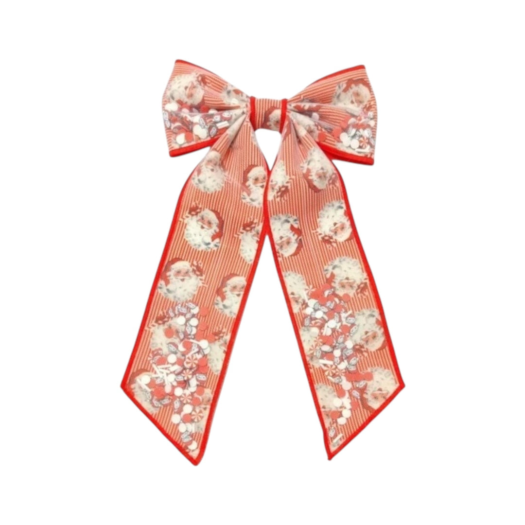 Striped Santa Pattern Long Tail Shaker Hair Bow w/ Clip