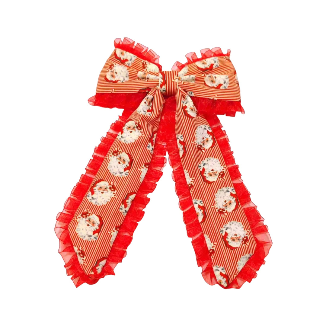 Striped Santa Ruffled Long Tail Hair Tied Bow w/ Clip
