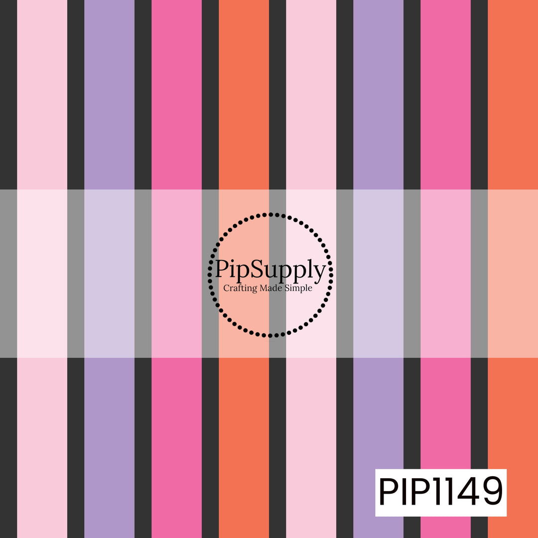 A flat graphic showing a repeating vertical stripe pattern with alternating bands of pink, lavender, coral, peach, black, and light gray. 