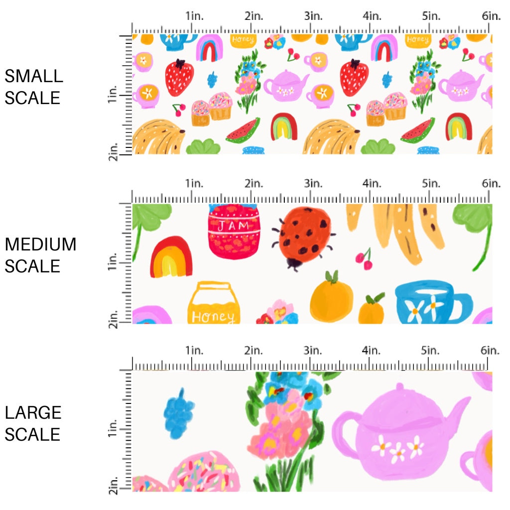 This scale chart of small scale, medium scale, and large scale of this summer fabric by the yard features fun picnic items on white. This fun themed fabric can be used for all your sewing and crafting needs!