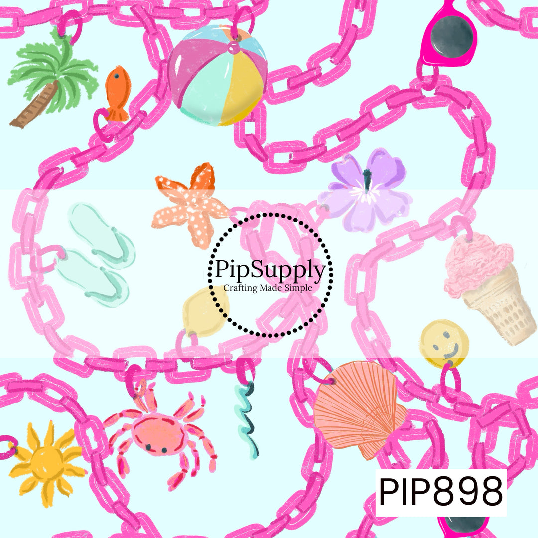 A playful summer charm pattern featuring oversized hot pink chain links adorned with beach-inspired charms, including a beach ball, palm tree, fish, flip-flops, starfish, seashell, crab, ice cream cone, sunglasses, sunshine, and a smiley face. Set against a soft light blue background, the design is bright, whimsical, and full of coastal charm.
