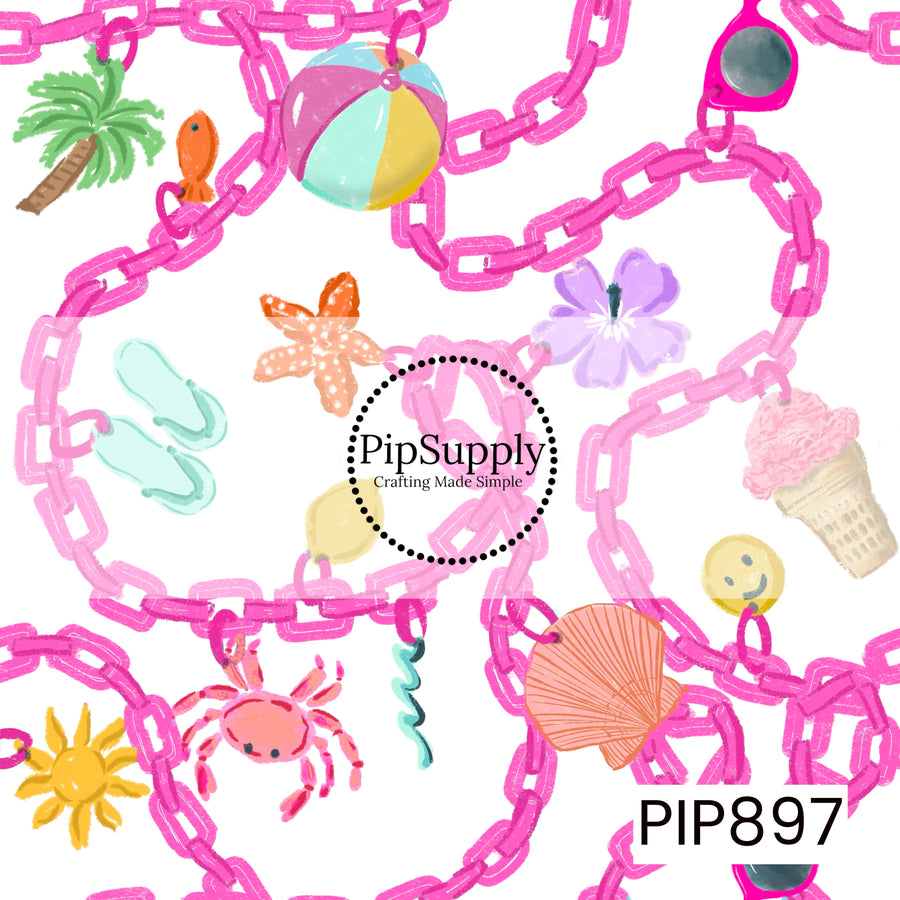 A playful summer charm pattern featuring oversized hot pink chain links adorned with beach-inspired charms, including a beach ball, palm tree, flip-flops, seashell, crab, ice cream cone, sunglasses, and smiley face. Bright, whimsical, and full of sunny coastal vibes.
