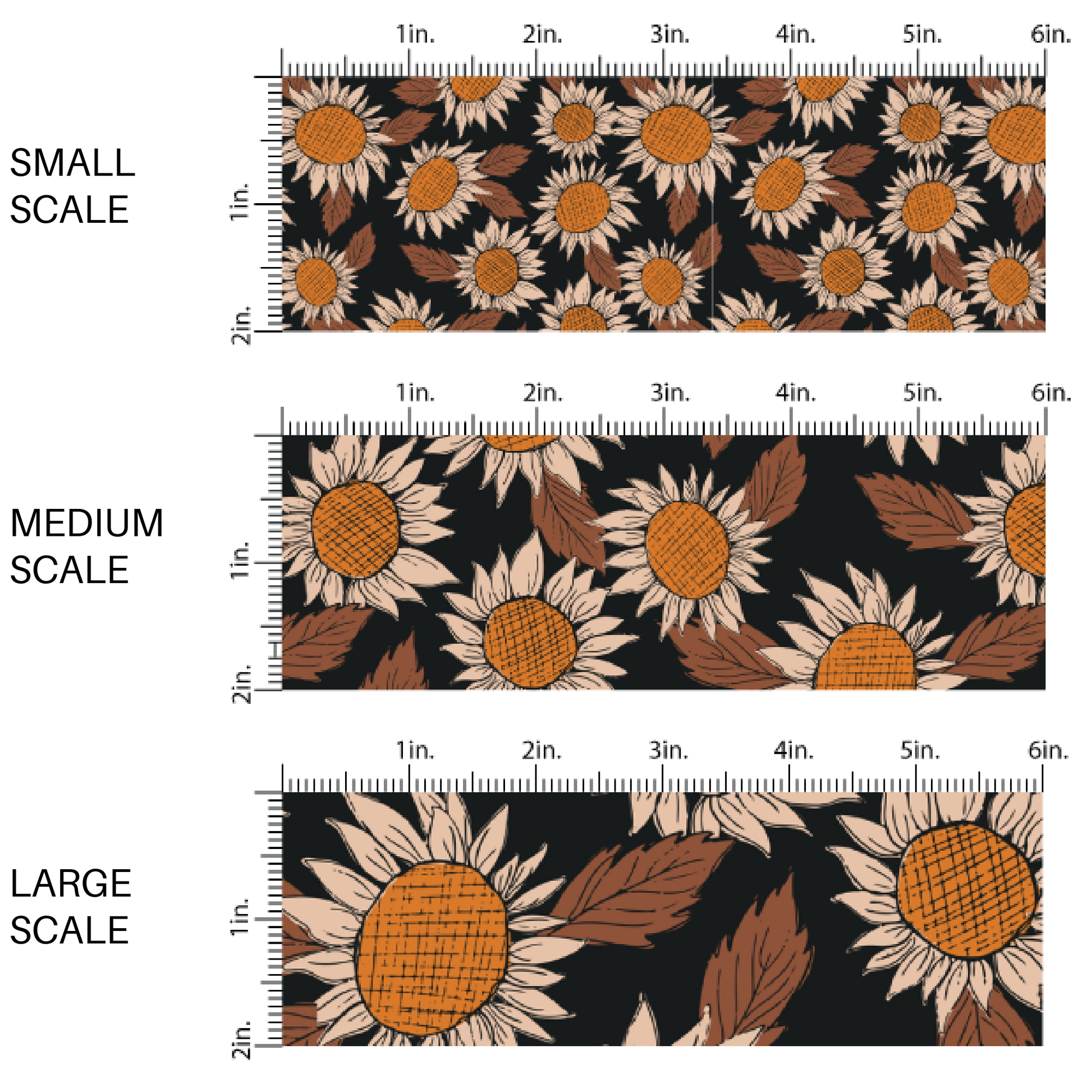 Black fabric by the yard scaled image guide with neutral colored sunflowers.
