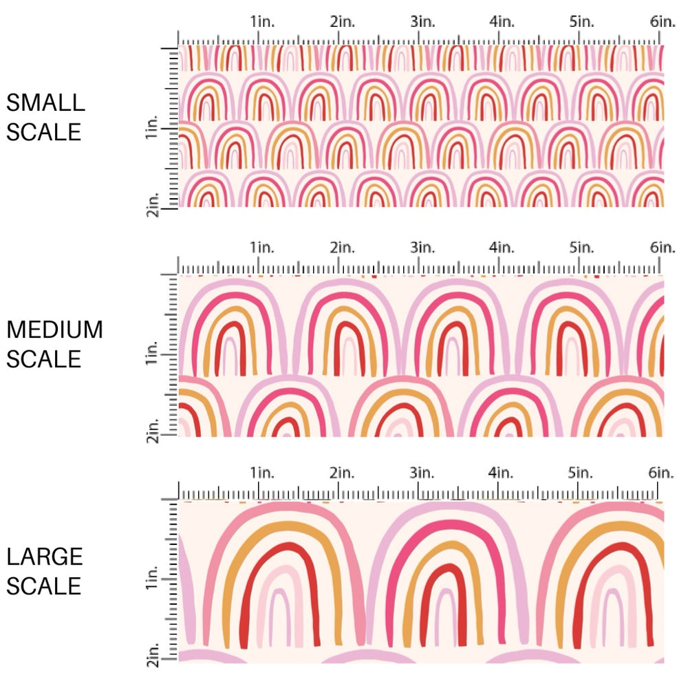 These rainbow themed pattern fabric by the yard features the following design elements: colorful sunset rainbows. This fun themed fabric can be used for all your sewing and crafting needs!