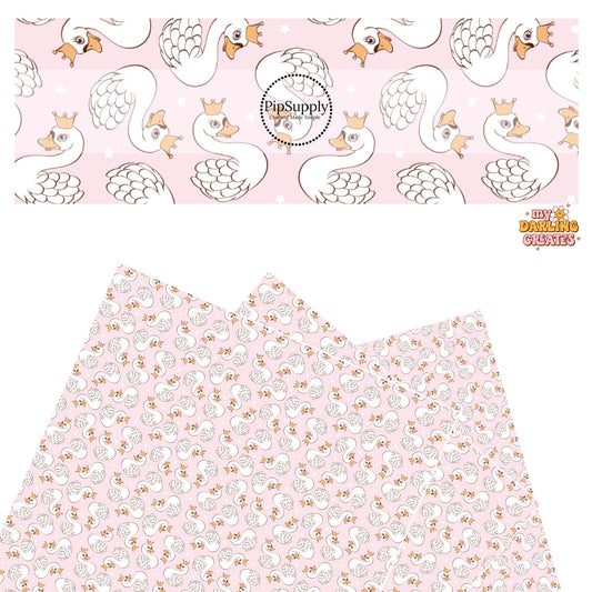 These Valentine's pattern themed faux leather sheets contain the following design elements: white swan birds with crowns surrounded by tiny white stars on light pink. Our CPSIA compliant faux leather sheets or rolls can be used for all types of crafting projects.