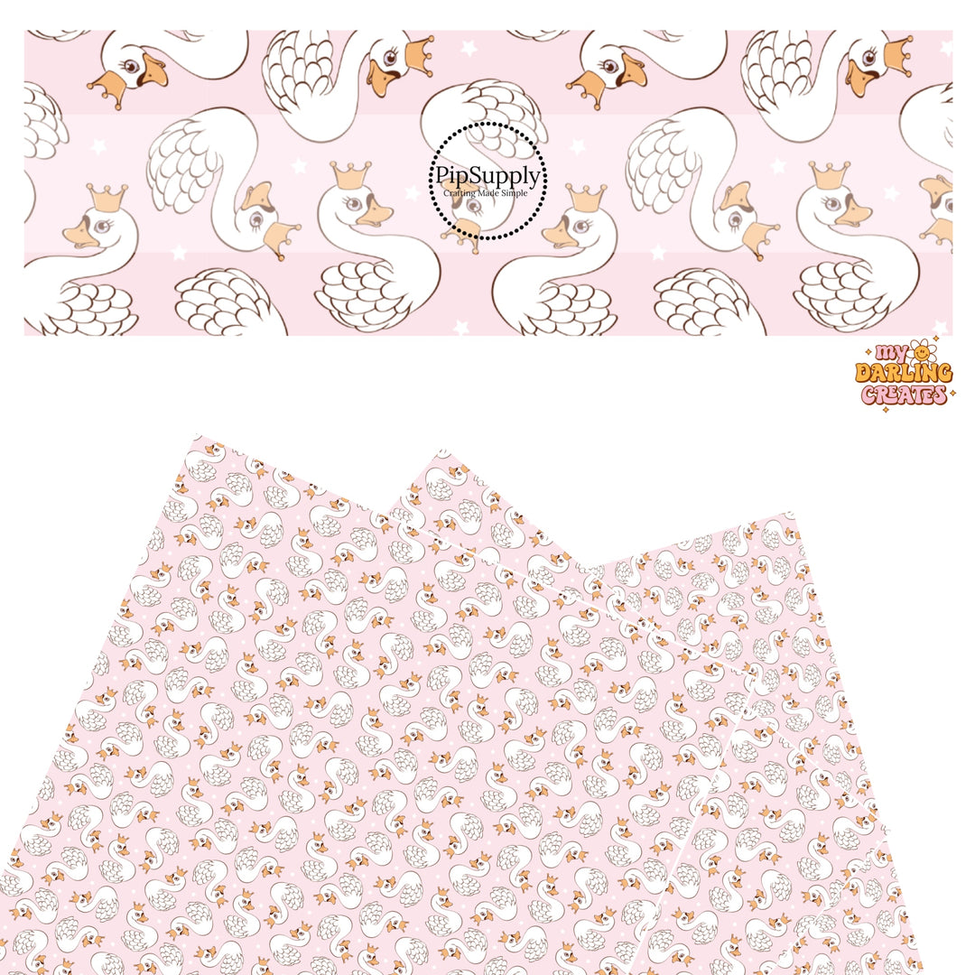 These Valentine's pattern themed faux leather sheets contain the following design elements: white swan birds with crowns surrounded by tiny white stars on light pink. Our CPSIA compliant faux leather sheets or rolls can be used for all types of crafting projects.