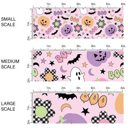 This scale chart of small scale, medium scale, and large scale of these Halloween themed pattern fabric by the yard features the following design elements: ghost, smiley pumpkins, flowers, and bats on light pink. This fun spooky themed fabric can be used for all your sewing and crafting needs!