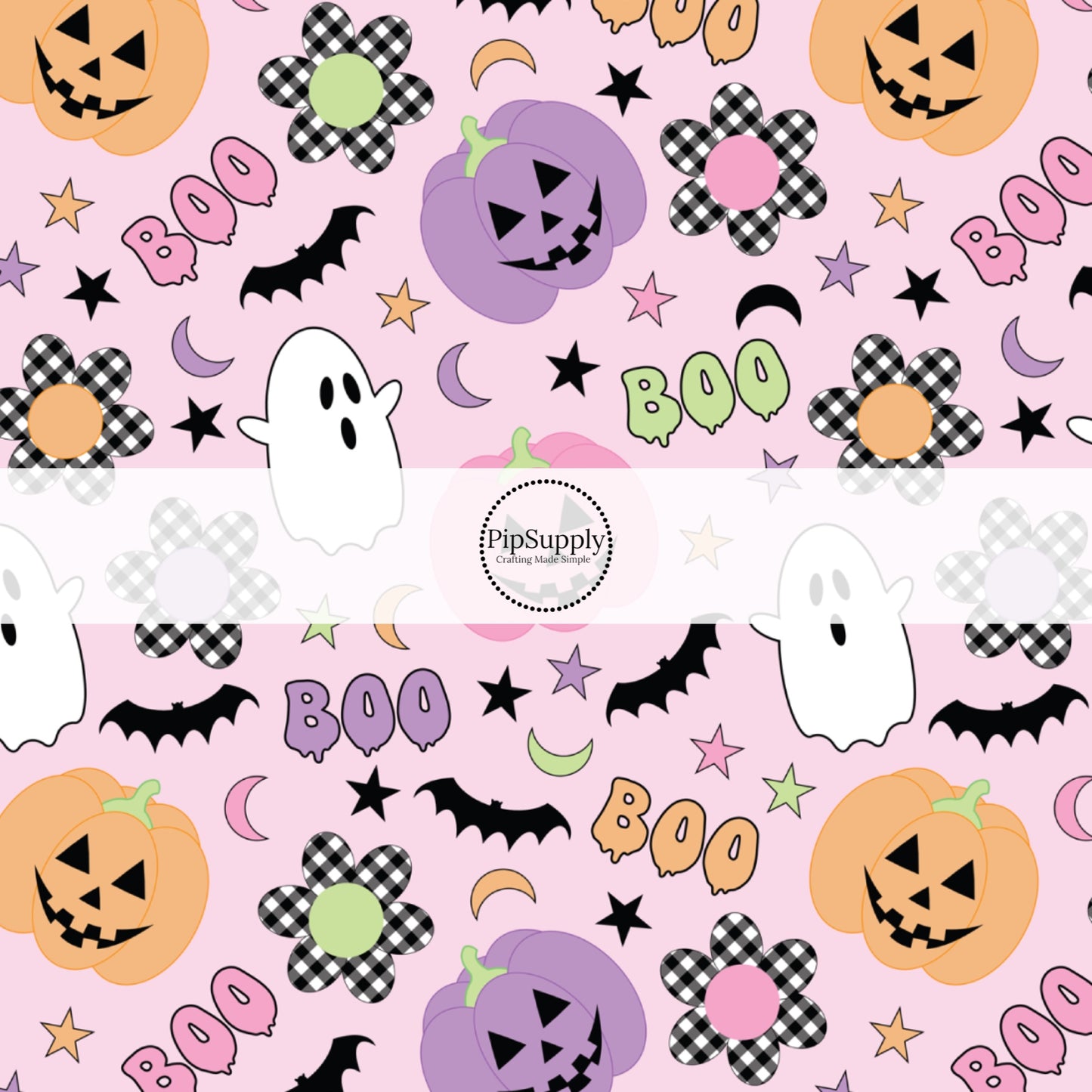 These Halloween themed pattern fabric by the yard features the following design elements: ghost, smiley pumpkins, flowers, and bats on light pink. This fun spooky themed fabric can be used for all your sewing and crafting needs!