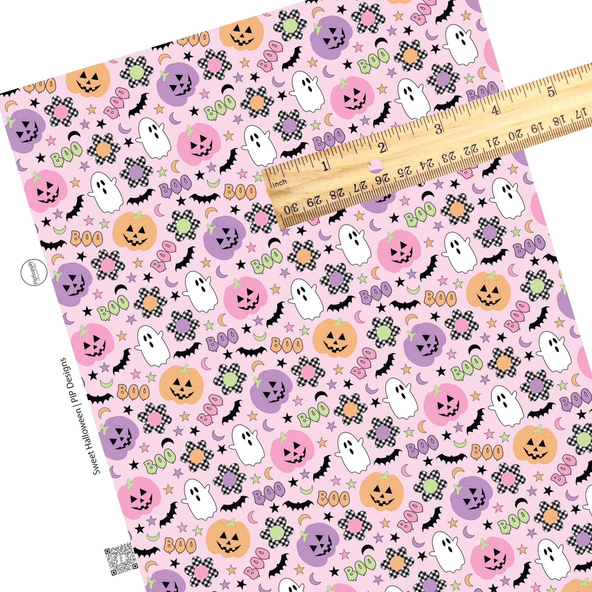 These Halloween themed pattern faux leather sheets contain the following design elements: ghost, smiley pumpkins, flowers, and bats on light pink. Our CPSIA compliant faux leather sheets or rolls can be used for all types of crafting projects.