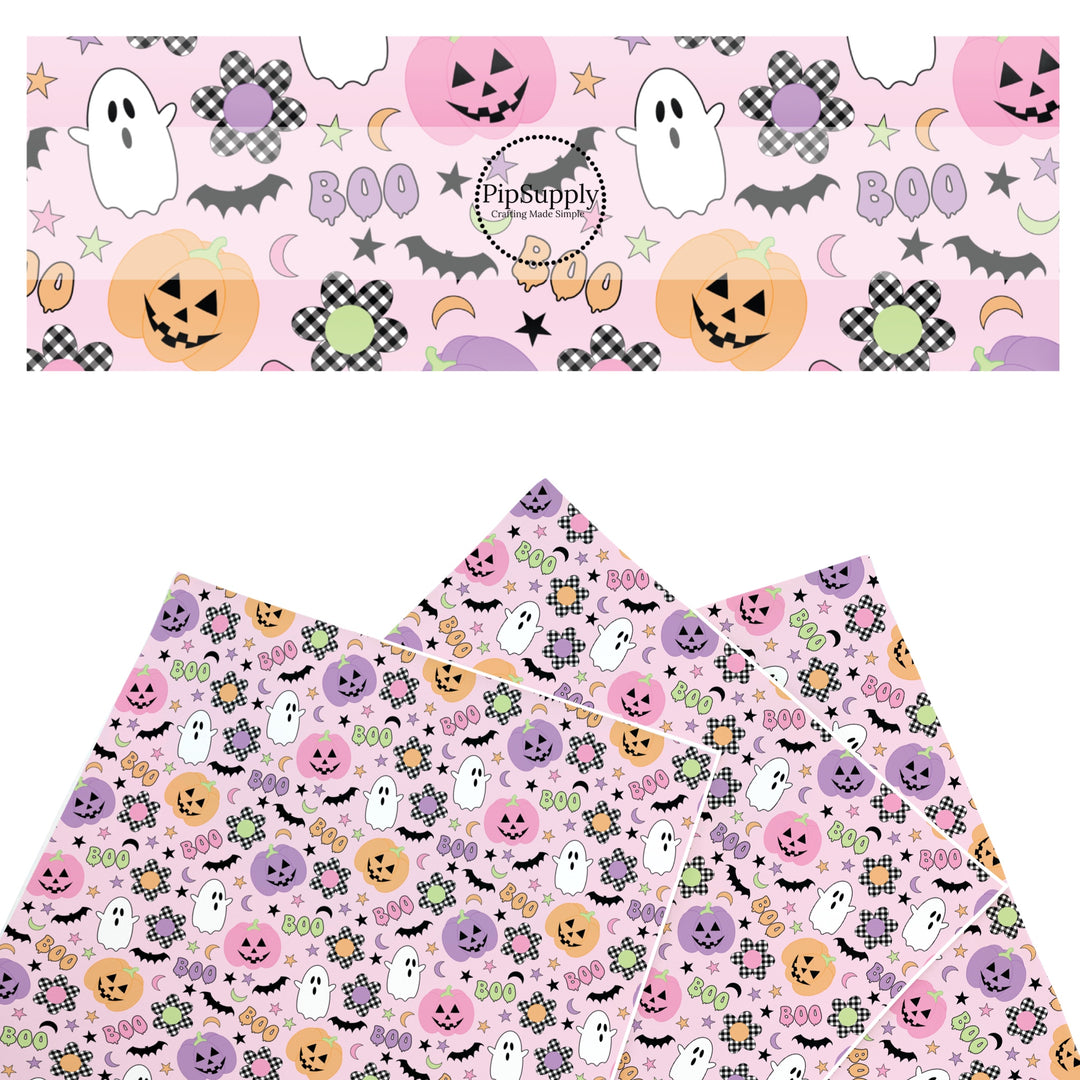 These Halloween themed pattern faux leather sheets contain the following design elements: ghost, smiley pumpkins, flowers, and bats on light pink. Our CPSIA compliant faux leather sheets or rolls can be used for all types of crafting projects.