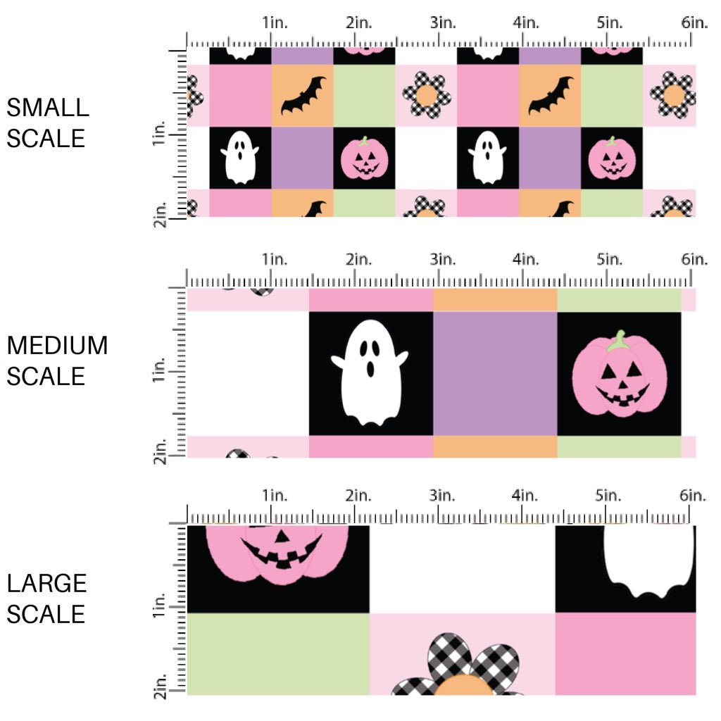 This scale chart of small scale, medium scale, and large scale of these Halloween themed pattern fabric by the yard features the following design elements: colorful gingham pattern with ghost, smiley pumpkins, flowers, and bats. This fun spooky themed fabric can be used for all your sewing and crafting needs!