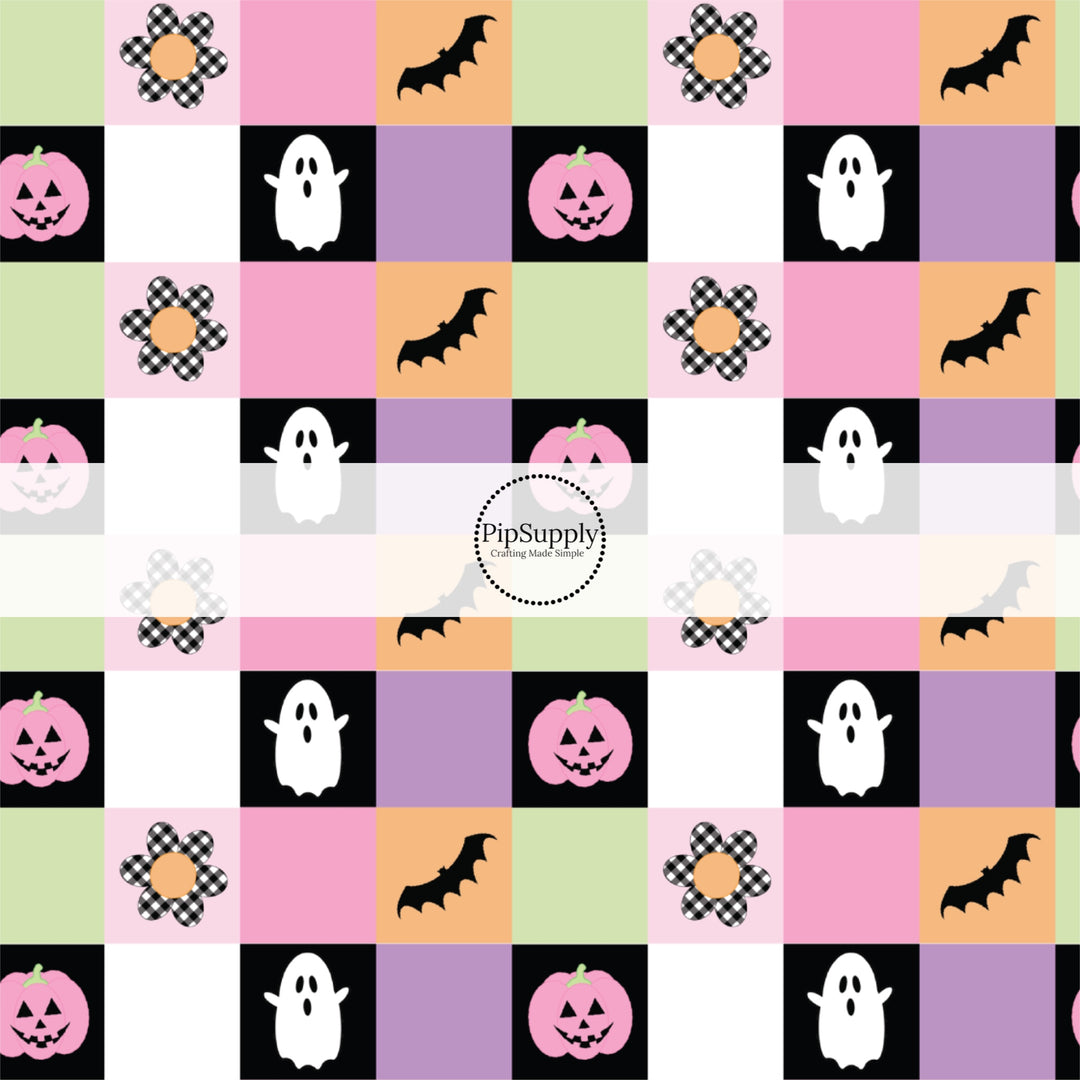 These Halloween themed pattern fabric by the yard features the following design elements: colorful gingham pattern with ghost, smiley pumpkins, flowers, and bats. This fun spooky themed fabric can be used for all your sewing and crafting needs!