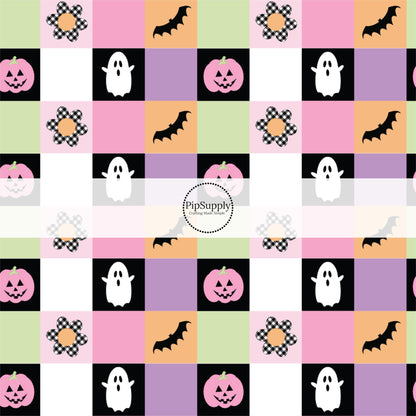 These Halloween themed no sew bow strips can be easily tied and attached to a clip for a finished hair bow. These fun spooky patterned bow strips are great for personal use or to sell. These bow strips feature the following design elements: colorful gingham pattern with ghost, smiley pumpkins, flowers, and bats.