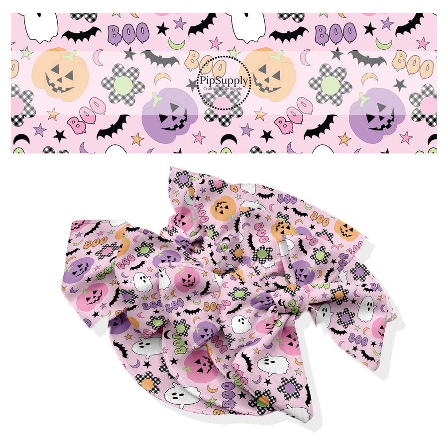 These Halloween themed no sew bow strips can be easily tied and attached to a clip for a finished hair bow. These fun spooky patterned bow strips are great for personal use or to sell. These bow strips feature the following design elements: ghost, smiley pumpkins, flowers, and bats on light pink.