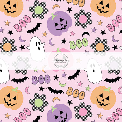 These Halloween themed no sew bow strips can be easily tied and attached to a clip for a finished hair bow. These fun spooky patterned bow strips are great for personal use or to sell. These bow strips feature the following design elements: ghost, smiley pumpkins, flowers, and bats on light pink.