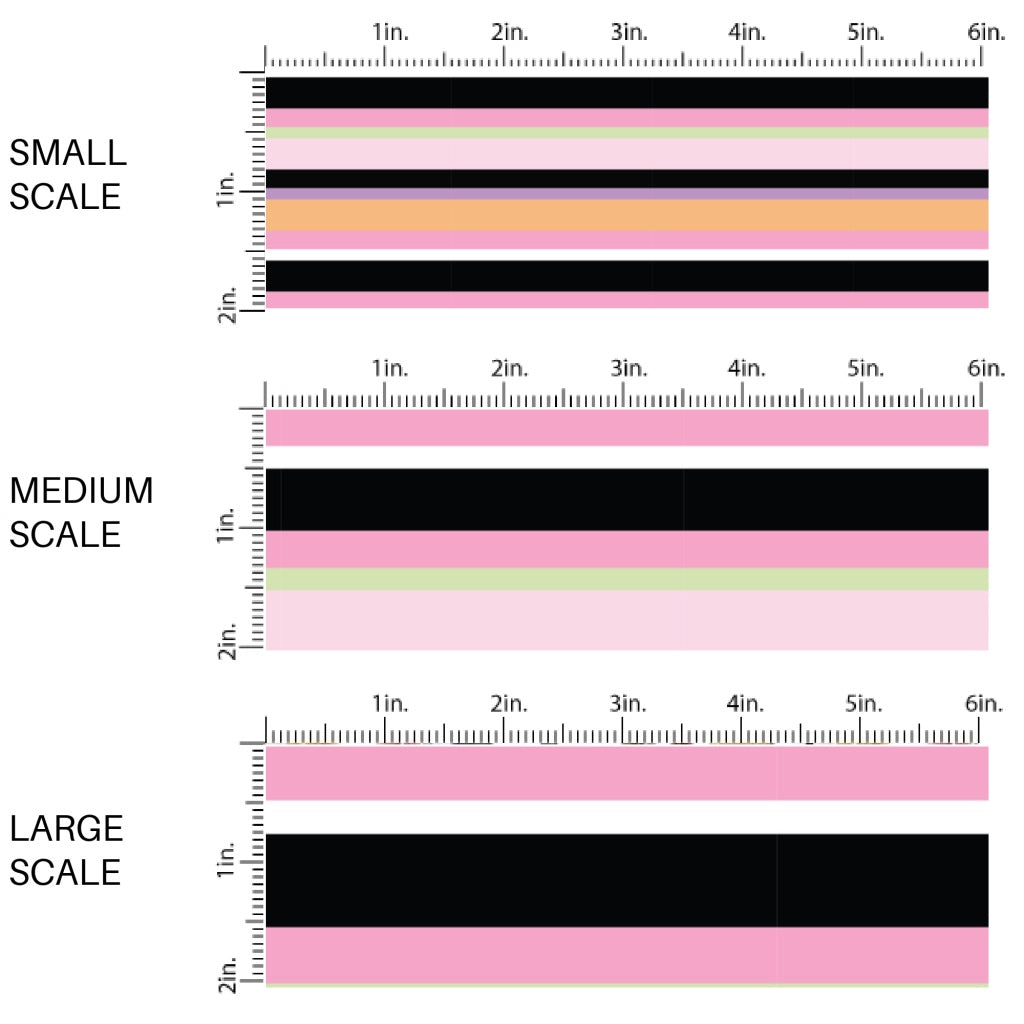 This scale chart of small scale, medium scale, and large scale of these Halloween themed pattern fabric by the yard features the following design elements: colorful stripe pattern. This fun spooky themed fabric can be used for all your sewing and crafting needs!