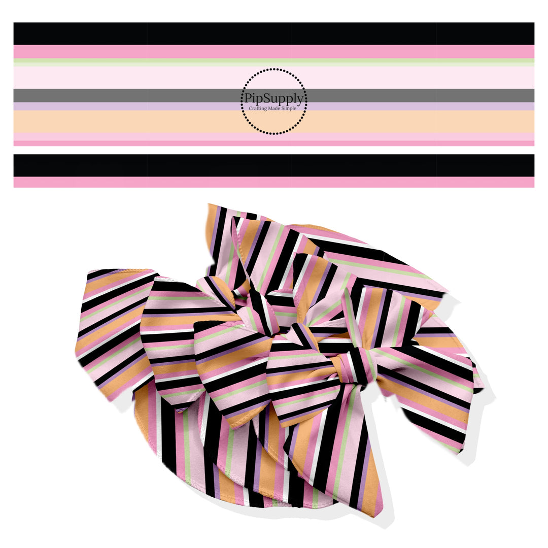 These Halloween themed no sew bow strips can be easily tied and attached to a clip for a finished hair bow. These fun spooky patterned bow strips are great for personal use or to sell. These bow strips feature the following design elements: colorful stripe pattern.