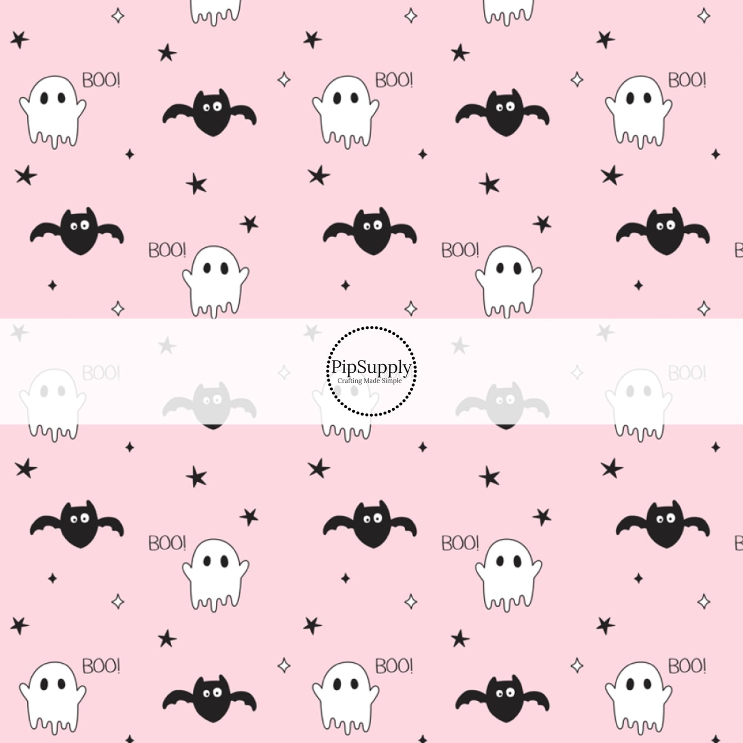 Ghosts, Bats, stars, and the word "BOO!" on light pink fabric by the yard.