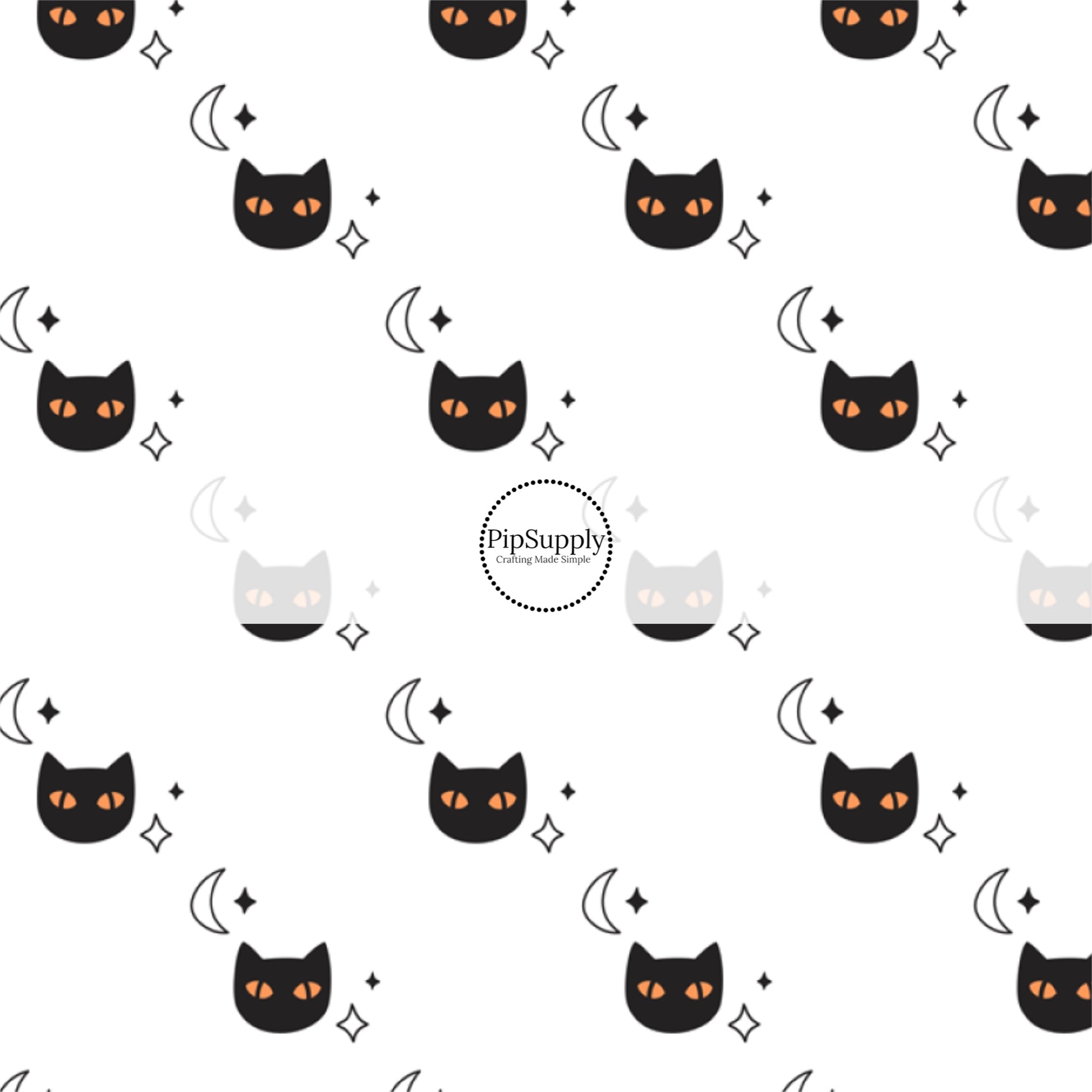 Black cats with orange eyes, moons, and stars, on white fabric by the yard.
