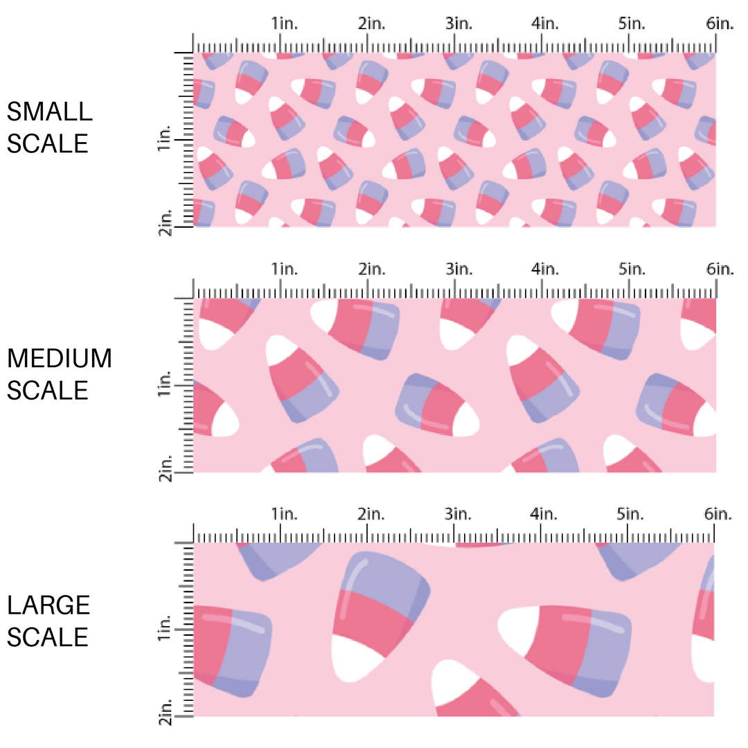 Pink, purple, and white scattered candy corn on light pink fabric by the yard scaled image guide.