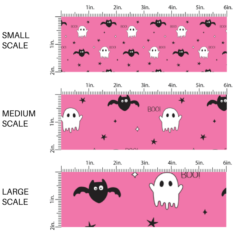 Ghosts, Bats, stars, and the word "BOO!" on hot pink fabric by the yard scaled image guide.