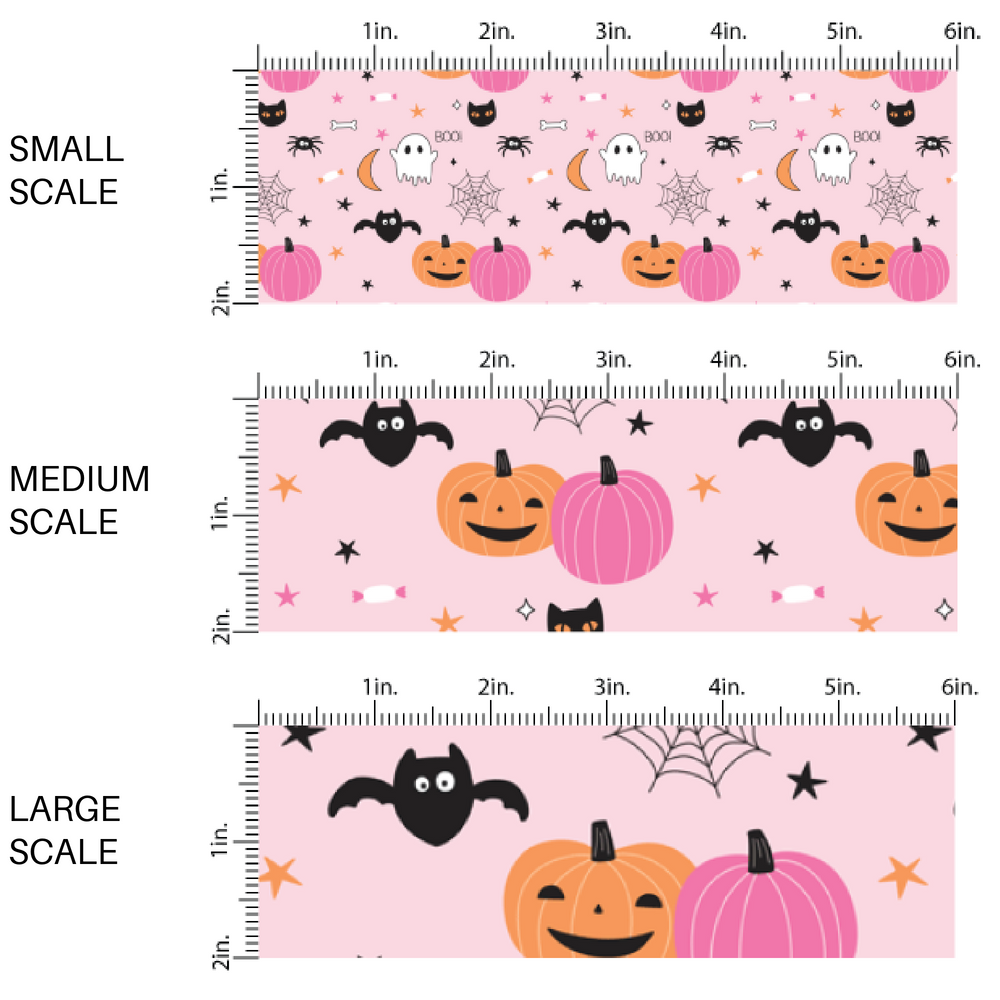 Pumpkins, ghosts, bats, moons, stars, and spider webs on light pink fabric by the yard scaled image guide.