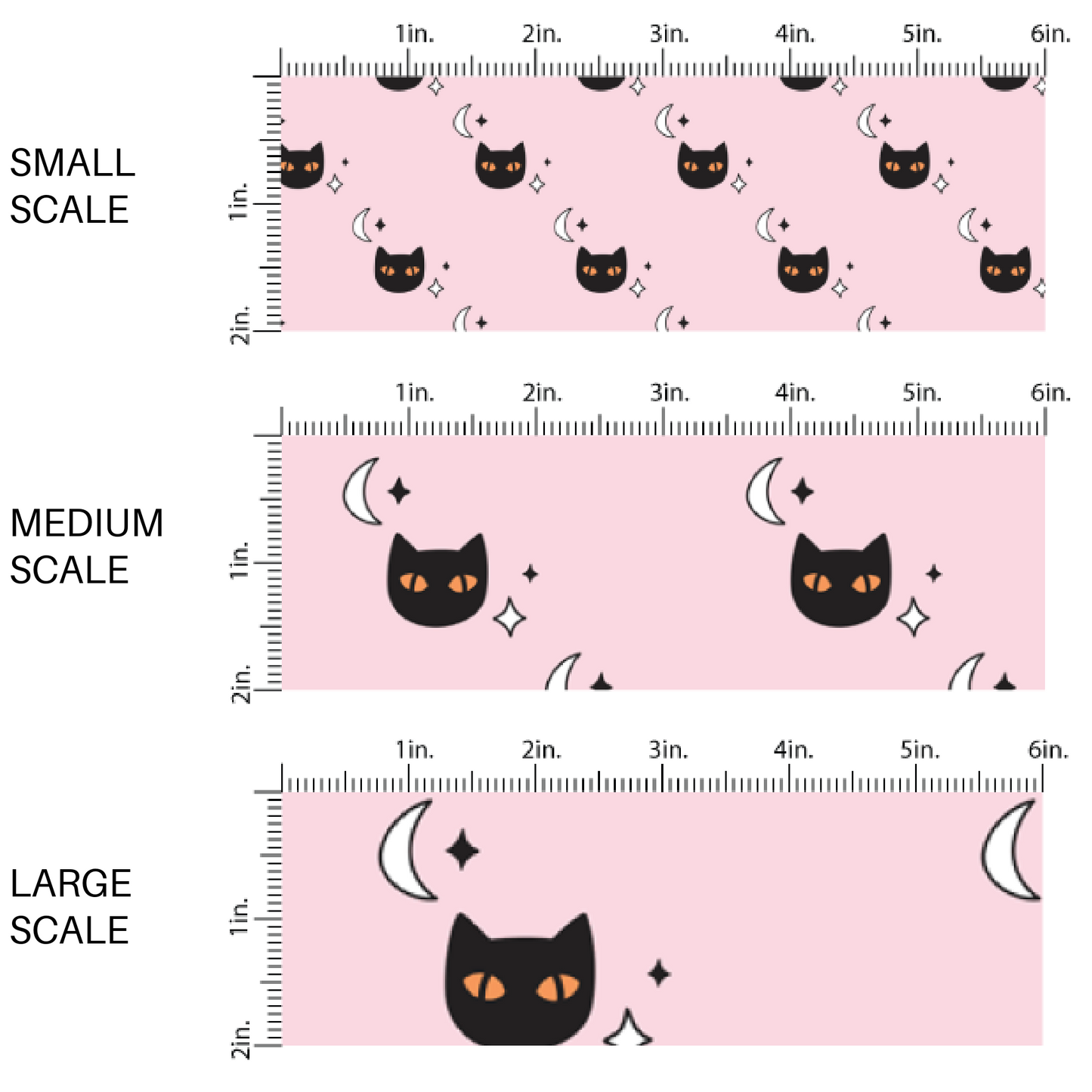 Black cats with orange eyes, moons, and stars, on pink fabric by the yard scaled image guide.