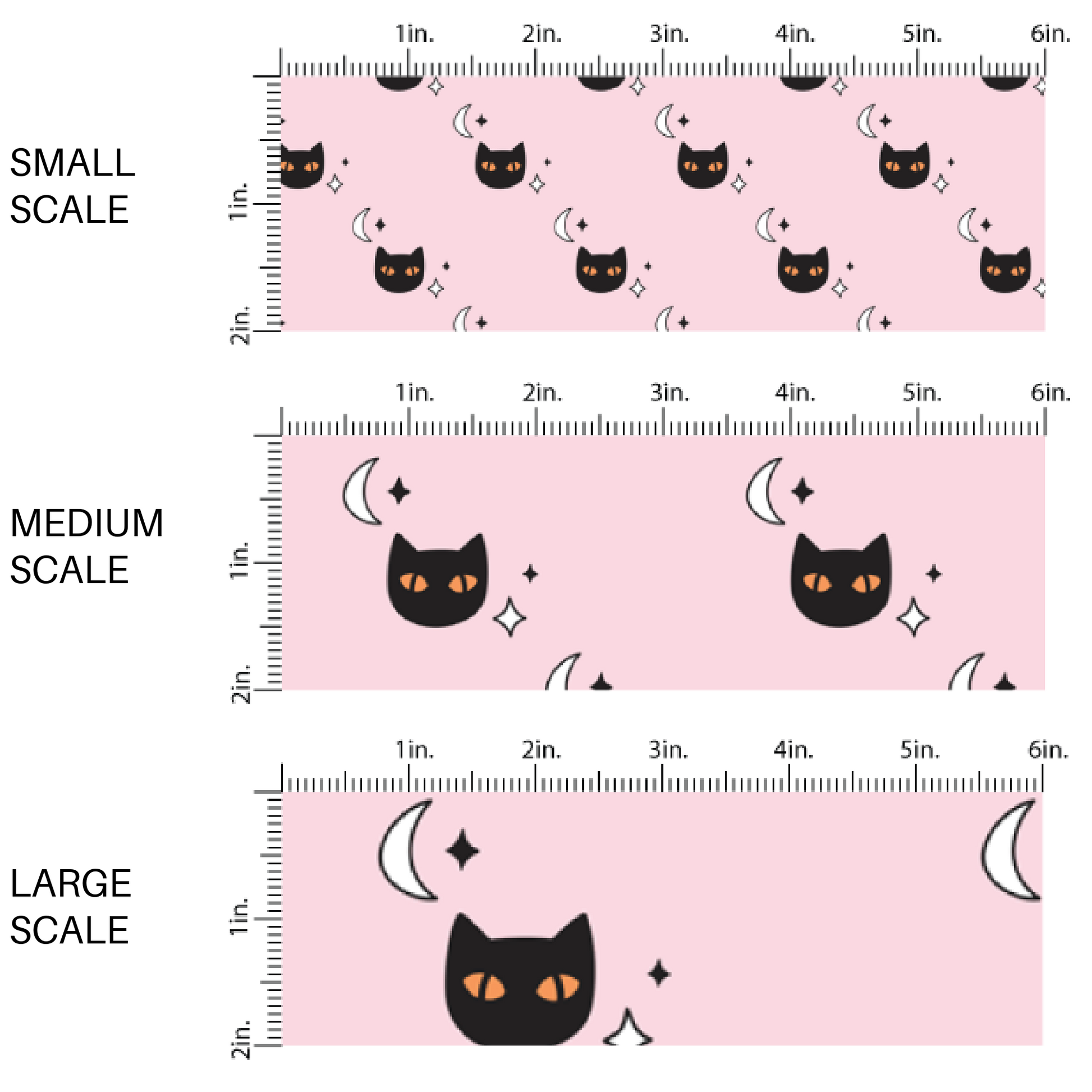 Black cats with orange eyes, moons, and stars, on pink fabric by the yard scaled image guide.
