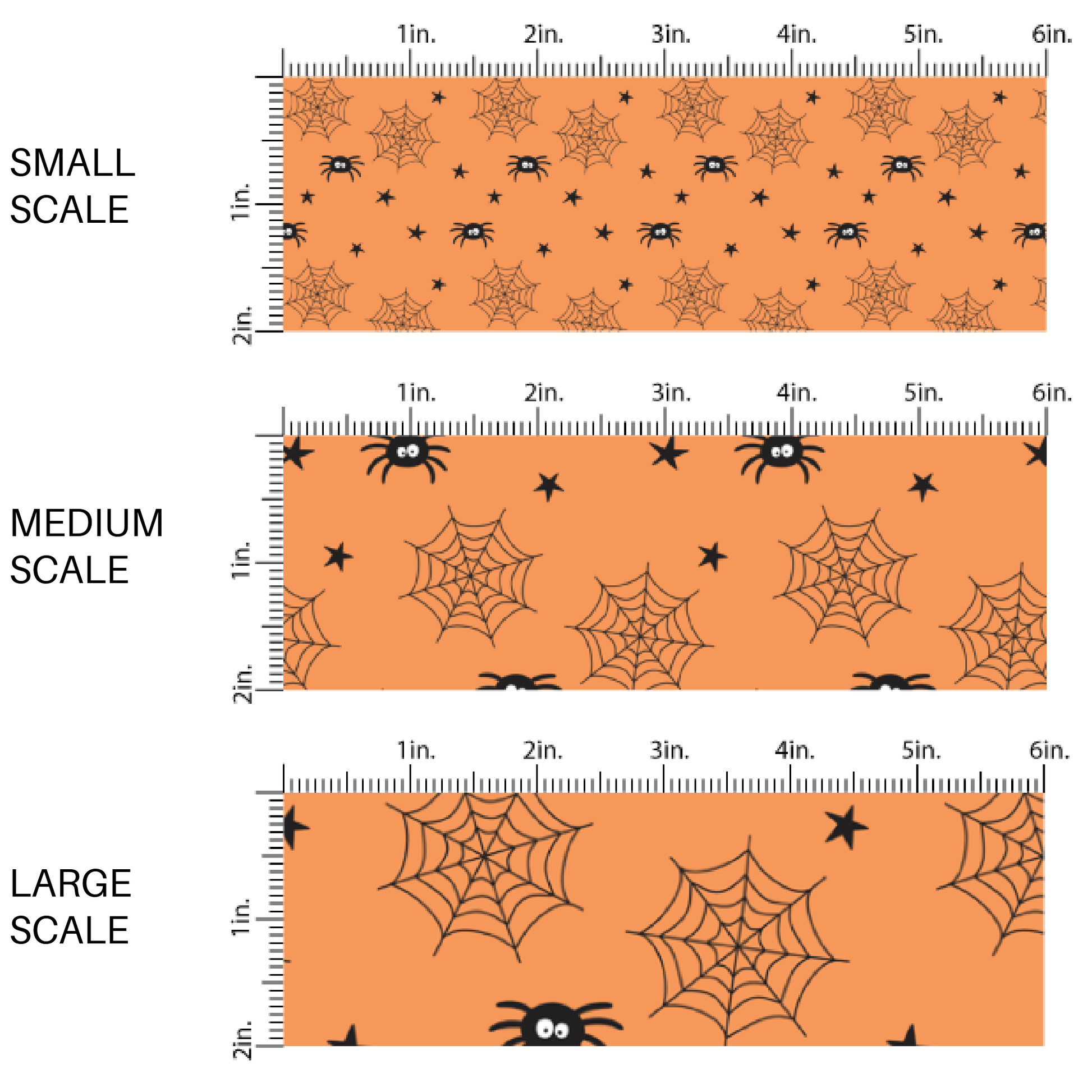 Spiders, spider webs, and stars on orange fabric by the yard scaled image guide.