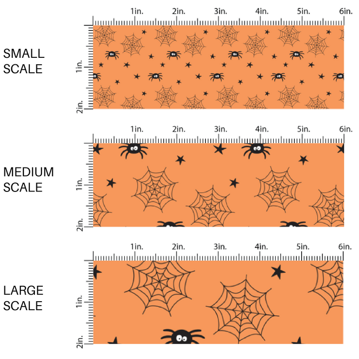 Spiders, spider webs, and stars on orange fabric by the yard scaled image guide.