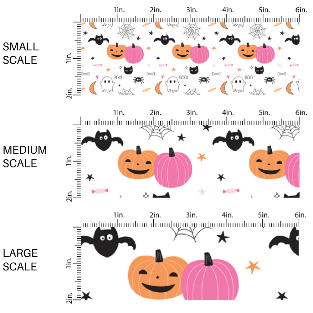 Pumpkins, ghosts, bats, moons, stars, and spider webs on white fabric by the yard scaled image guide.