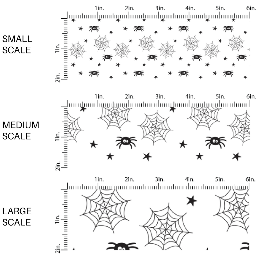 Spiders, spider webs, and stars on white fabric by the yard scaled image guide.