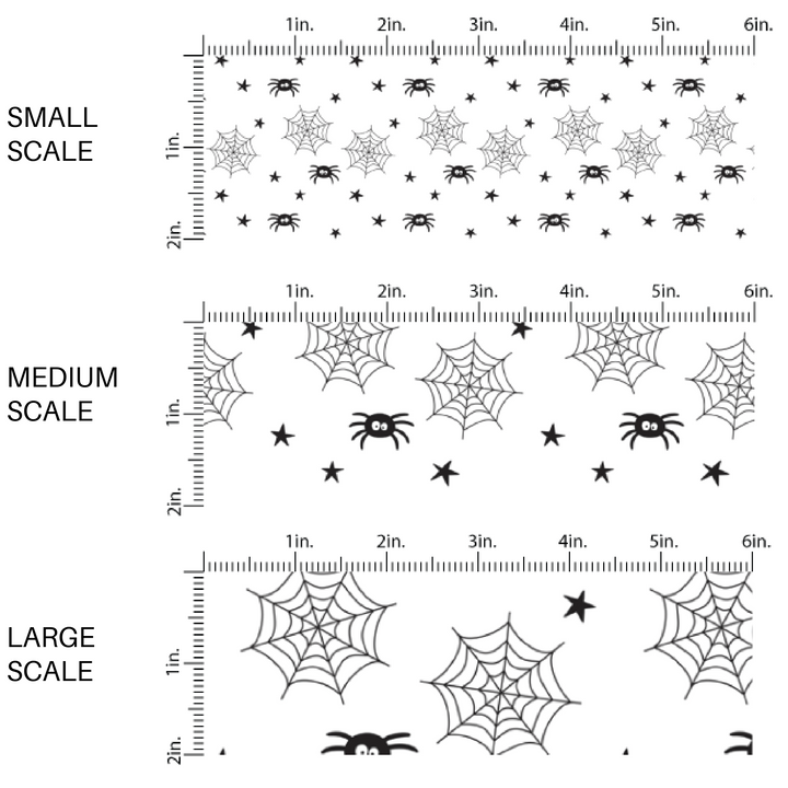 Spiders, spider webs, and stars on white fabric by the yard scaled image guide.