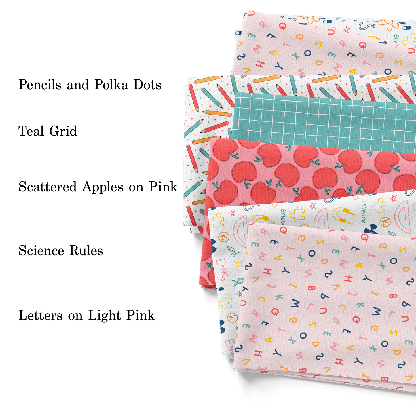 Back to school fabric swatches with apples, letter, and S.T.E.M. themes