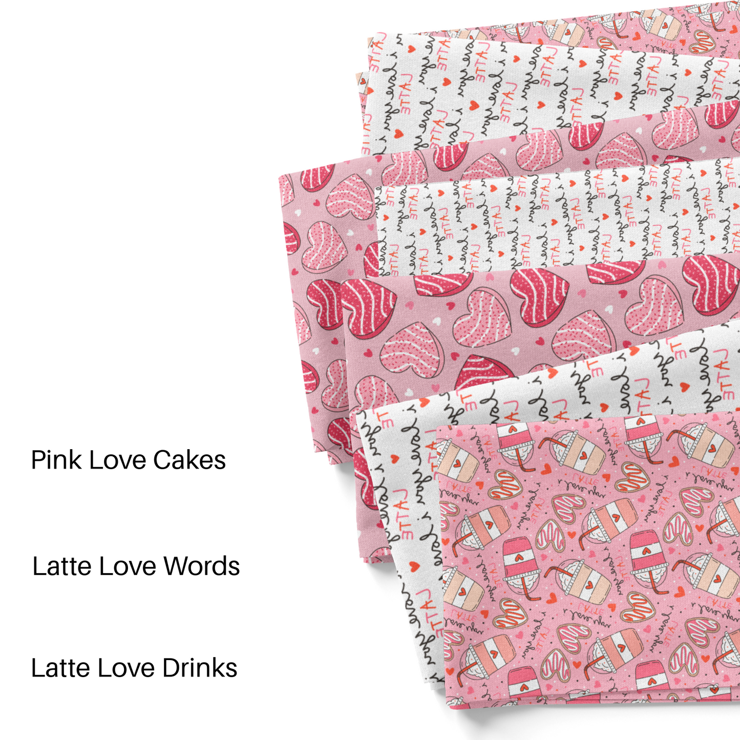 Sweet Shoppe Design Pink Valentine themed fabric by the yard swatches.