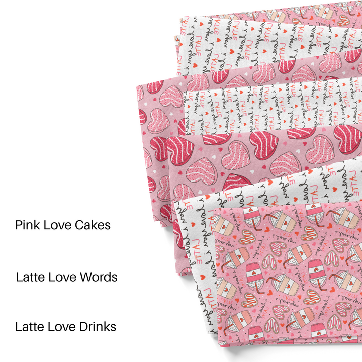 Sweet Shoppe Design Pink and White Valentine's Day themed fabric by the yard swatches.