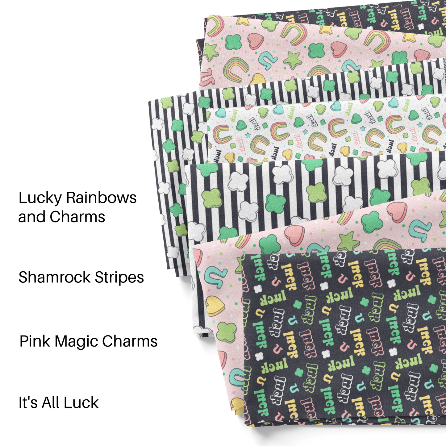 Sweet Shoppe Design St. Patrick's Day fabric by the yard swatches.
