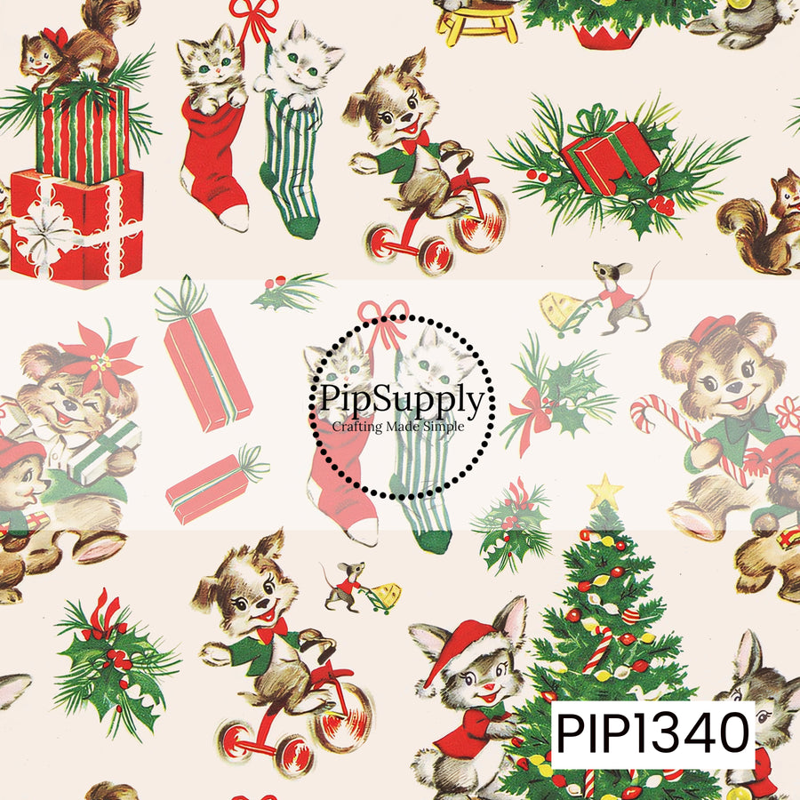 A nostalgic vintage Christmas print featuring adorable woodland animals, including playful kittens, puppies, bunnies, squirrels, and teddy bears. Whimsical illustrations of animals riding tricycles, peeking out of Christmas stockings, and celebrating around decorated trees are scattered among wrapped presents, candy canes, festive greenery, and holly berries. Classic reds, greens, and warm neutral tones against a soft ivory background create a charming, old-fashioned holiday feel.
