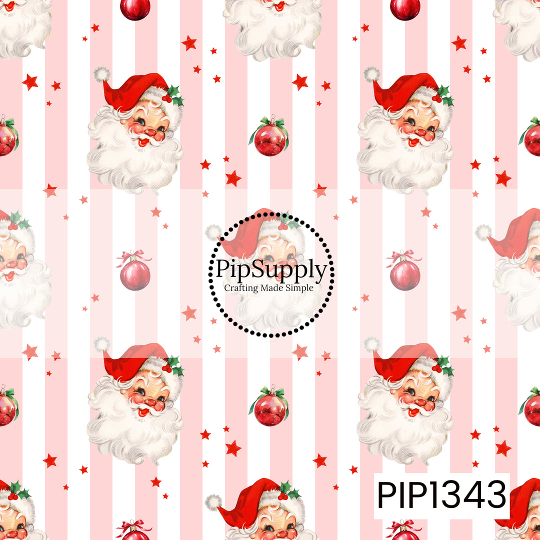 A charming vintage Christmas design featuring cheerful retro Santa faces with rosy cheeks, fluffy white beards, and classic red hats accented with holly berries. Soft pink and white vertical stripes create a sweet background, decorated with scattered red stars and shiny red Christmas ornaments tied with festive bows.