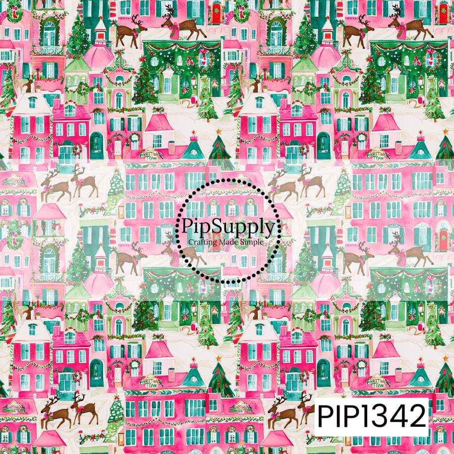 A whimsical Christmas village print featuring charming pink, mint green, and emerald green townhouses decorated with festive wreaths, garlands, bows, and twinkling holiday lights. Beautifully decorated Christmas trees, reindeer adorned with pink ribbons, and colorful storefronts fill the snowy streets. Bright pink rooftops, teal shutters, and intricate architectural details create a magical, storybook-inspired holiday scene against a soft ivory background.