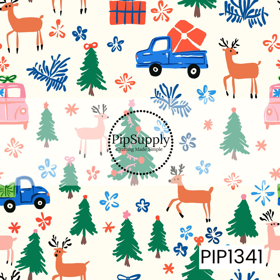 A playful Christmas print featuring whimsical reindeer in shades of coral orange and soft pink, festive evergreen trees decorated with bows and ornaments, and adorable blue and pink vintage trucks carrying wrapped presents. Scattered snowflakes, floral accents, and pine branches in shades of blue, coral, and green complete the cheerful holiday design against a soft ivory background.