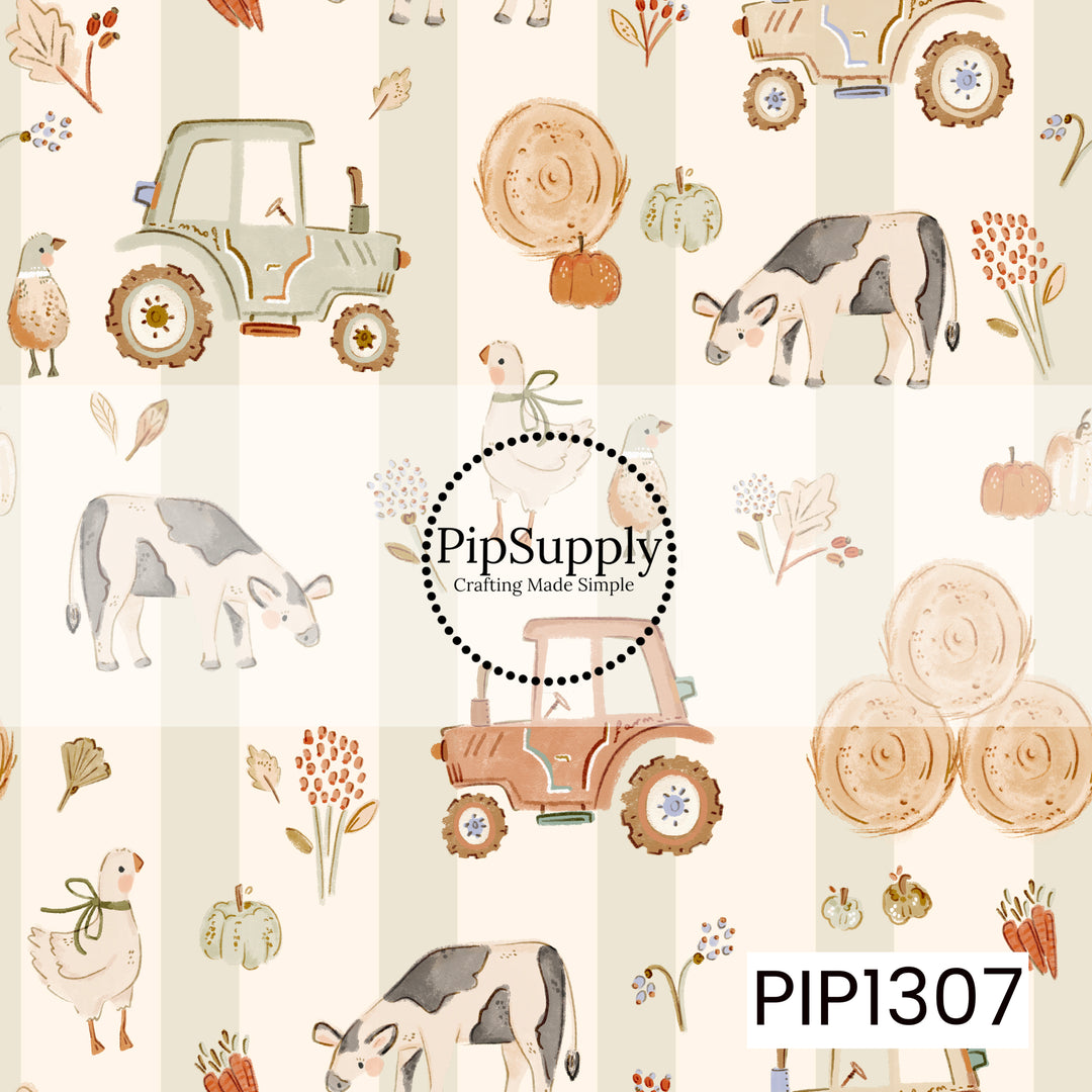 A charming hand-drawn farm pattern featuring tractors, cows, geese, hay bales, pumpkins, carrots, and scattered wildflowers. Soft sage and cream stripes create a subtle backdrop, while warm earthy tones give the design a cozy countryside feel.
